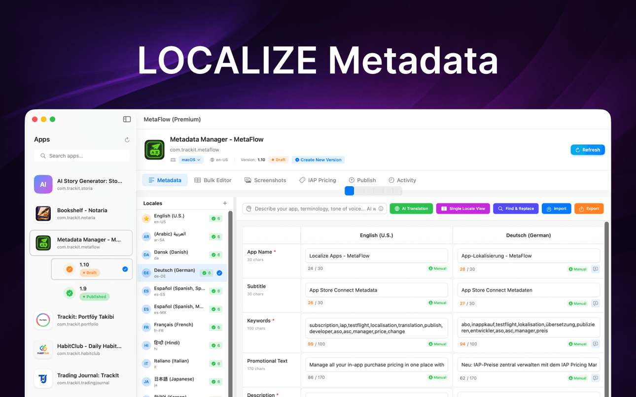 Bulk metadata editor comparing English and German locales side by side with app name, subtitle, keywords, and character counters