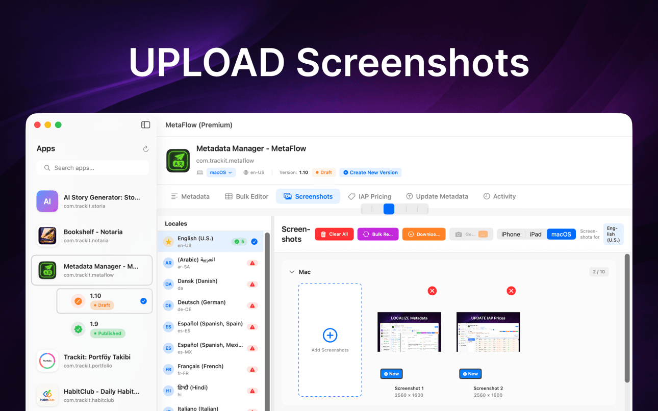 Screenshot manager showing Mac screenshots per locale with add, bulk replace, and download-from-App-Store-Connect controls