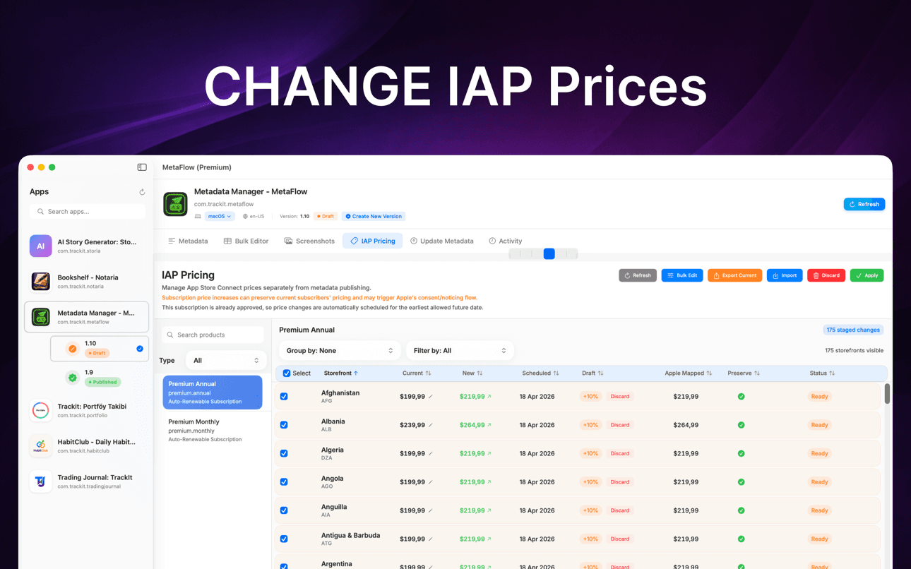 IAP pricing table applying a +10% change across 175 storefronts, with current, new, and scheduled prices per country